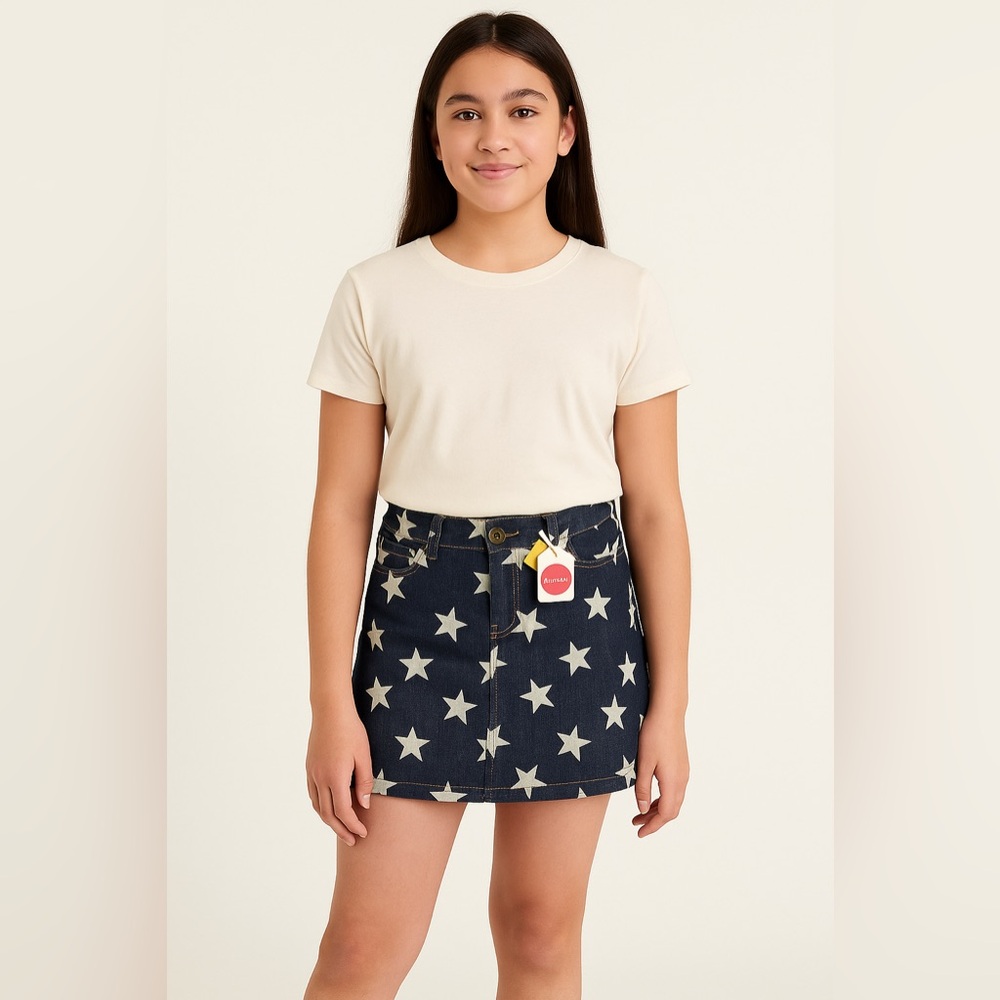 NWT- Mini Boden Denim Star Skirt with Heart Pockets, Size 13-14Y